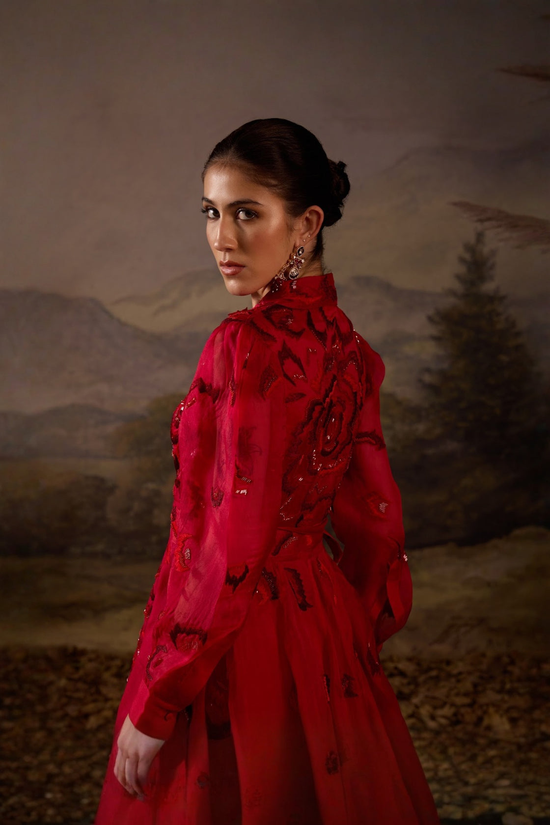 Scarlet Red Tonal Embroidered Yoke Waistline Full Sleeve Gown