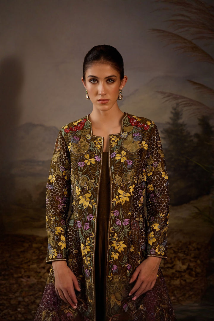 Brown Zardozi fully Embroidered Jacket with plain ruffle  Dress Set