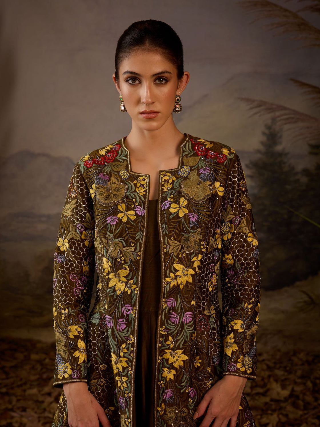 Embroidered Long Jacket & Ruffled Dress