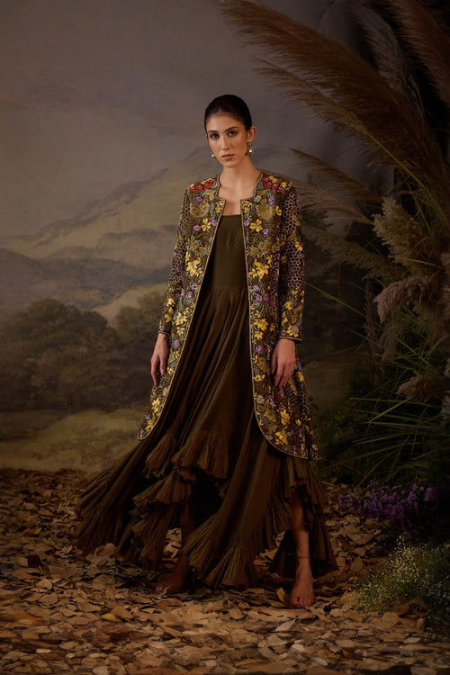 Embroidered Long Jacket & Ruffled Dress