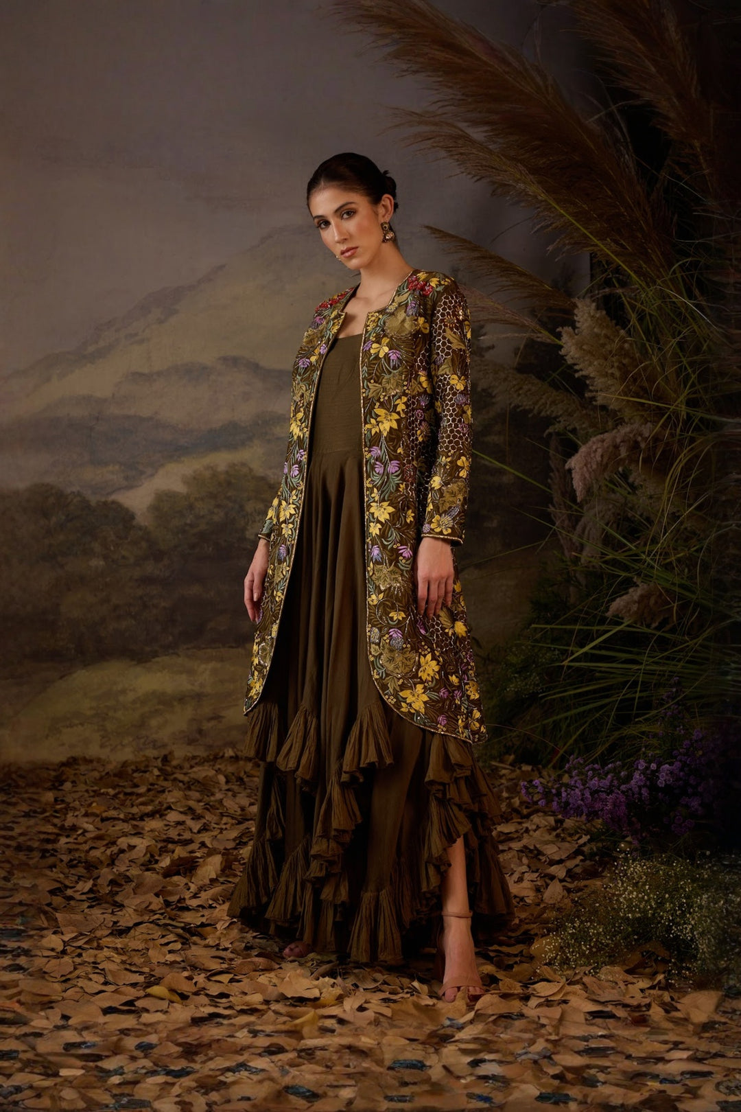 Brown Zardozi fully Embroidered Jacket with plain ruffle  Dress Set