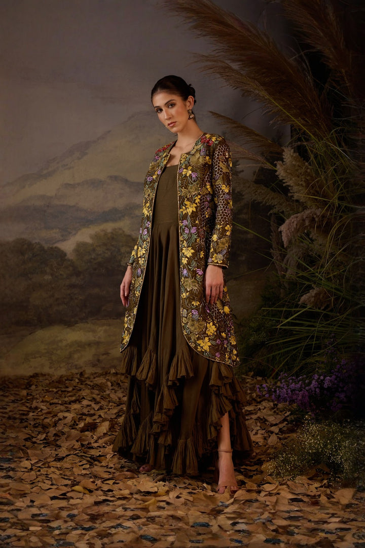 Brown Zardozi fully Embroidered Jacket with plain ruffle  Dress Set