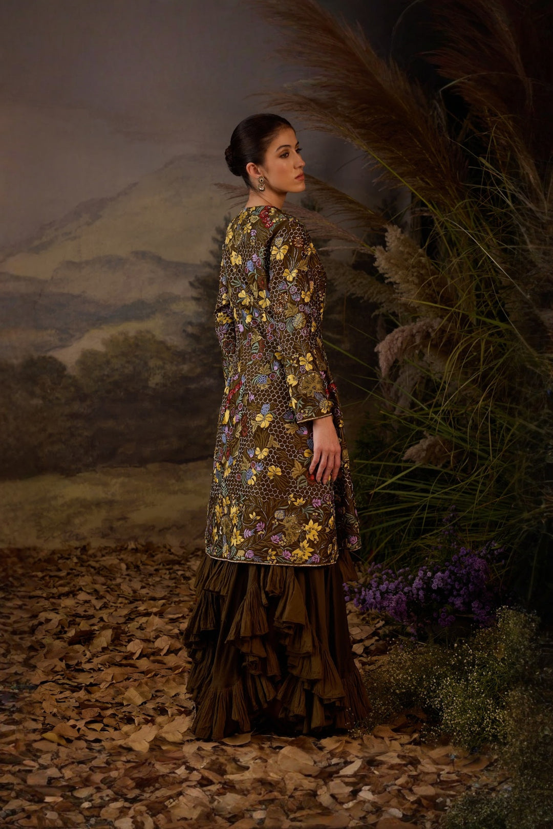 Brown Zardozi fully Embroidered Jacket with plain ruffle  Dress Set