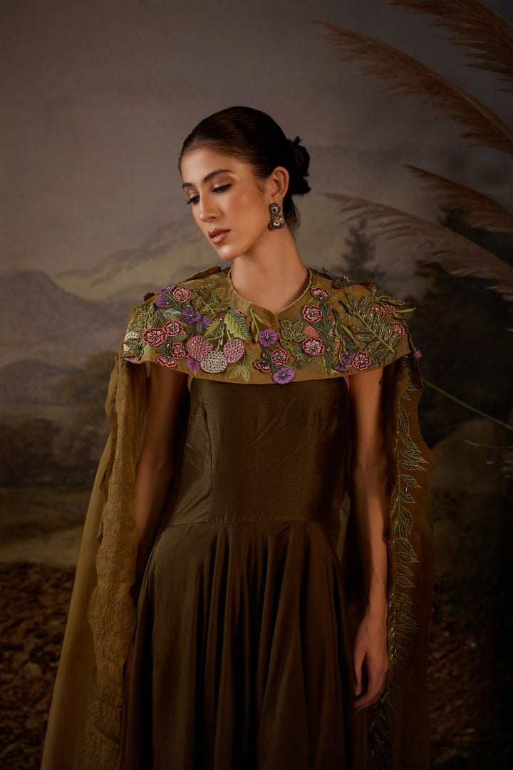 Brown Strapless Ruffled Gown with Embroidered detachable Cape