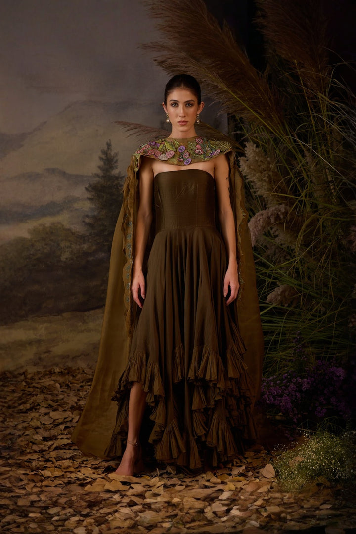 Brown Strapless Ruffled Gown with Embroidered detachable Cape