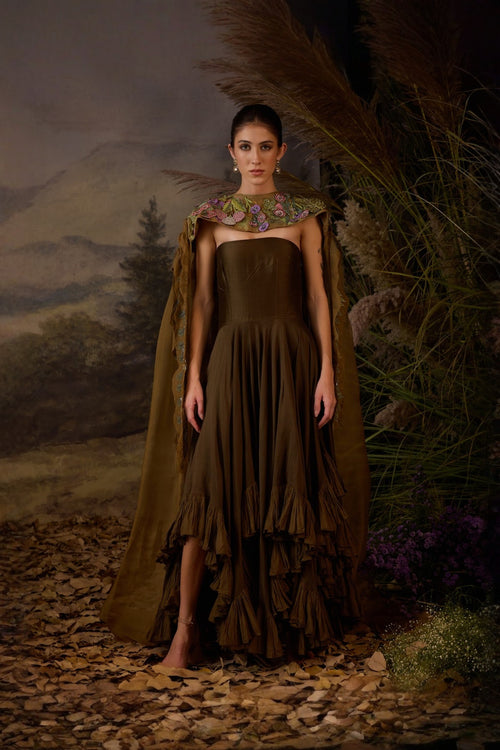 Strapless Ruffled Gown With Embroidered Cape