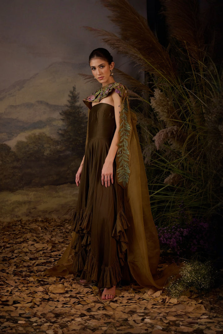 Brown Strapless Ruffled Gown with Embroidered detachable Cape