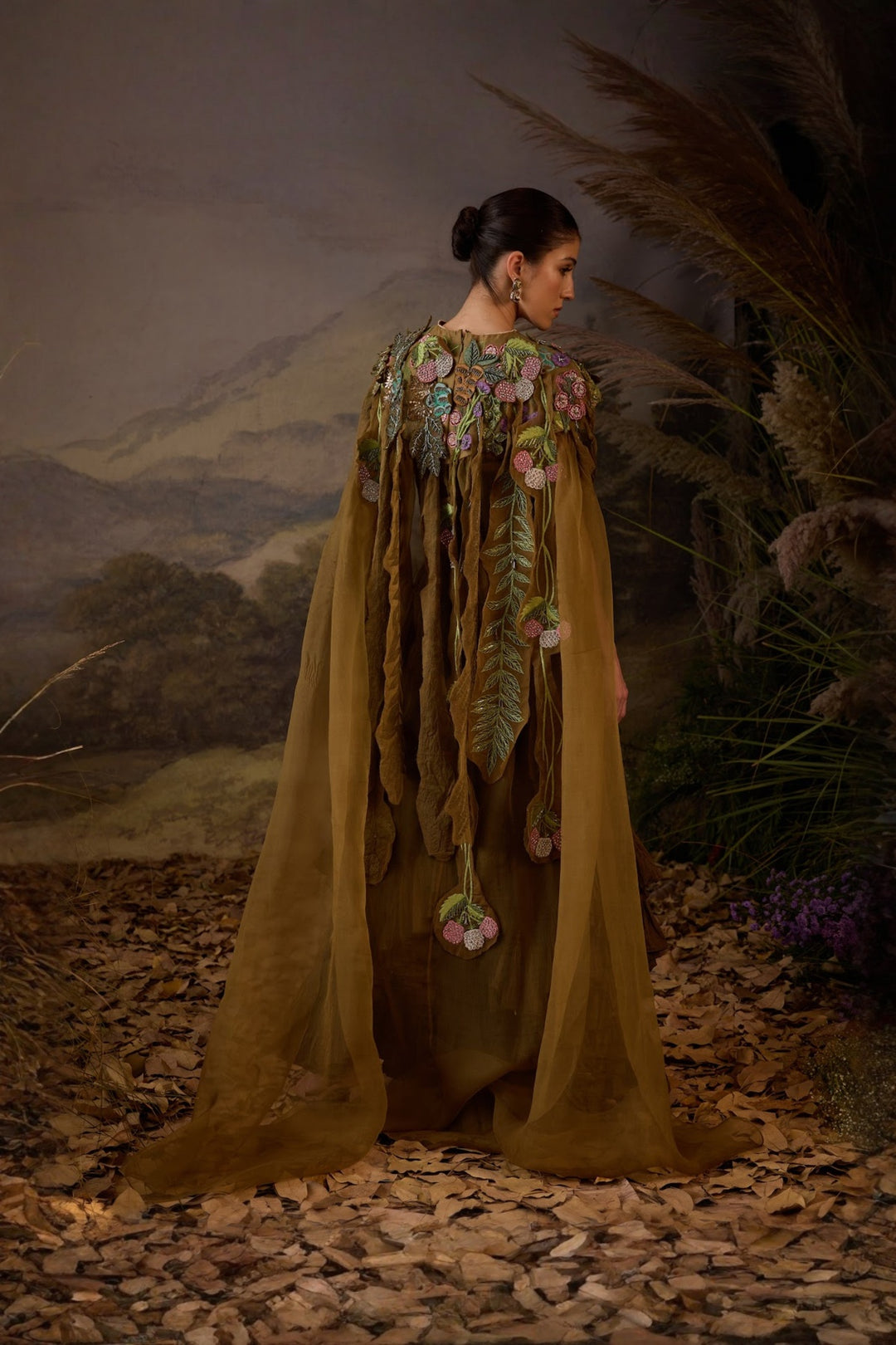 Brown Strapless Ruffled Gown with Embroidered detachable Cape