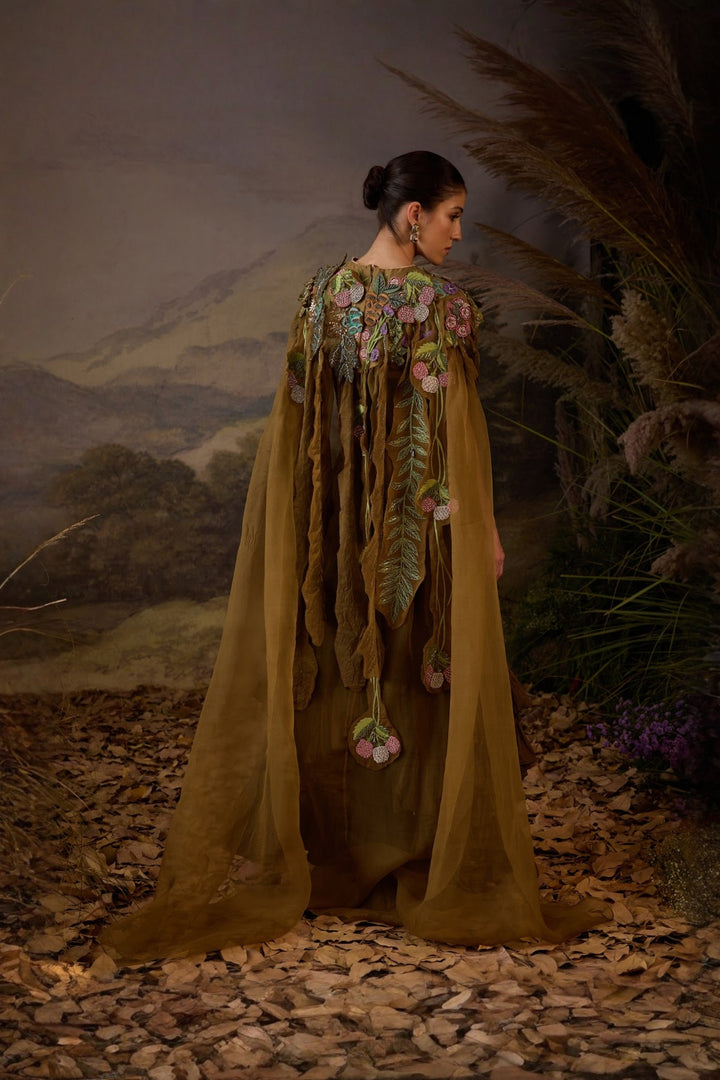 Brown Strapless Ruffled Gown with Embroidered detachable Cape
