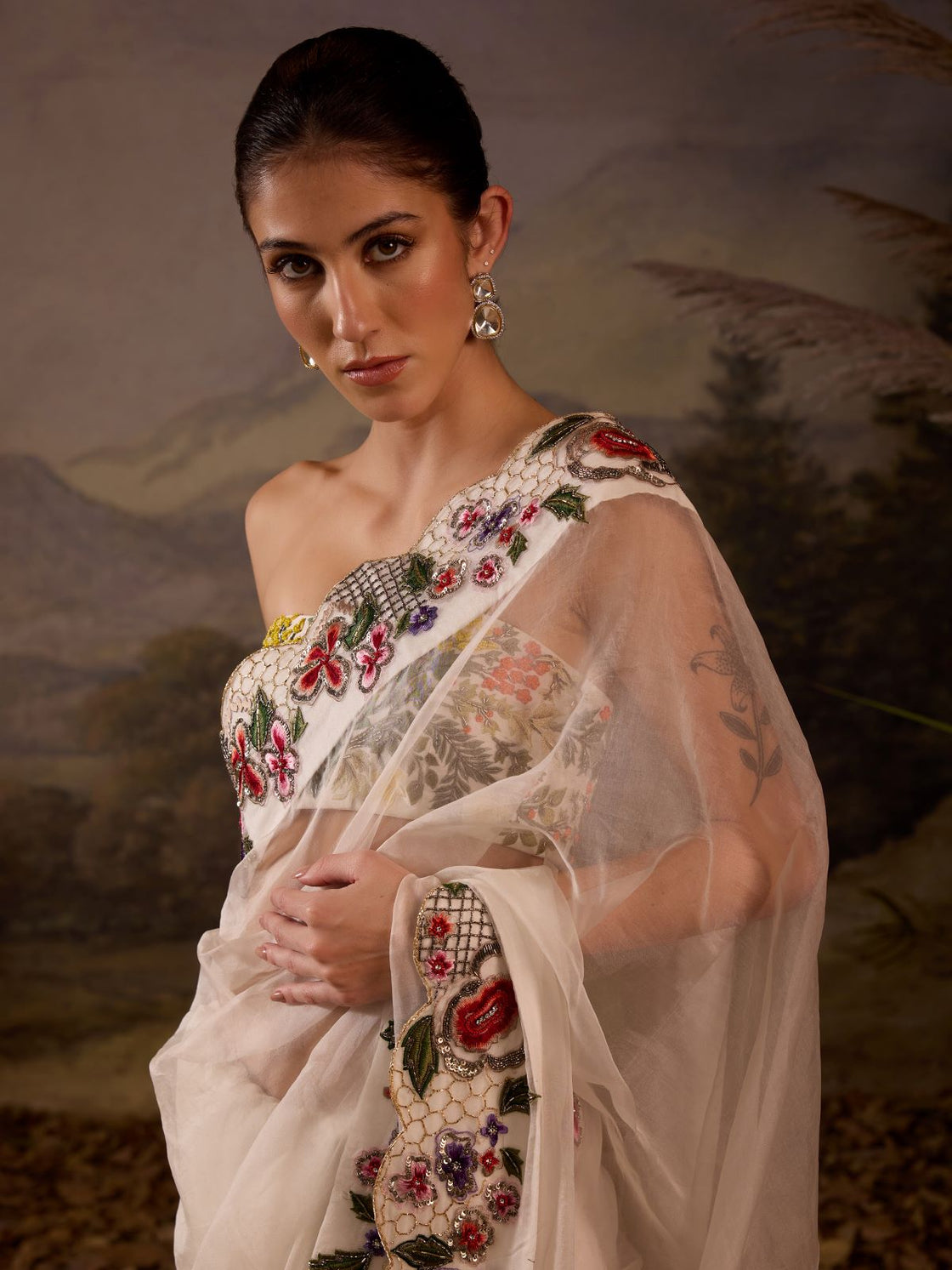 Embroidered Ivory Saree with Beaded Blouse