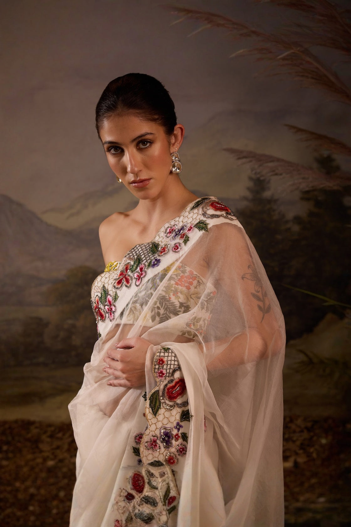 Embroidered Ivory Saree With Beaded Blouse