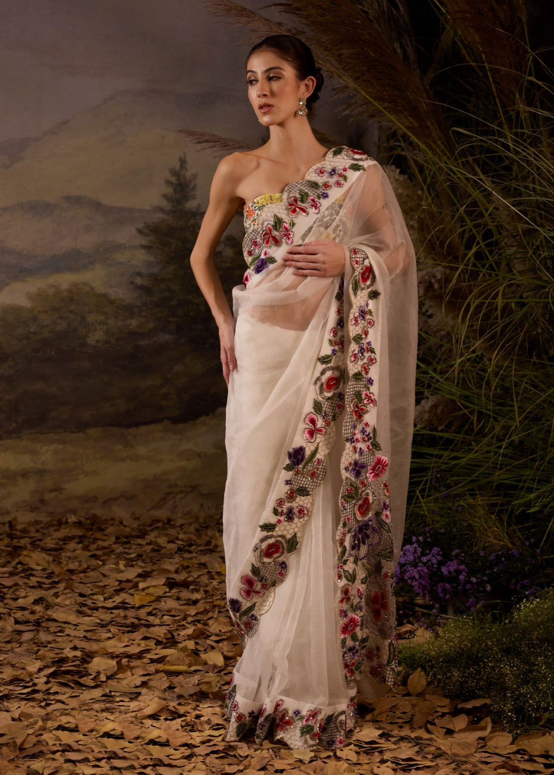 Embroidered Ivory Saree with Beaded Blouse