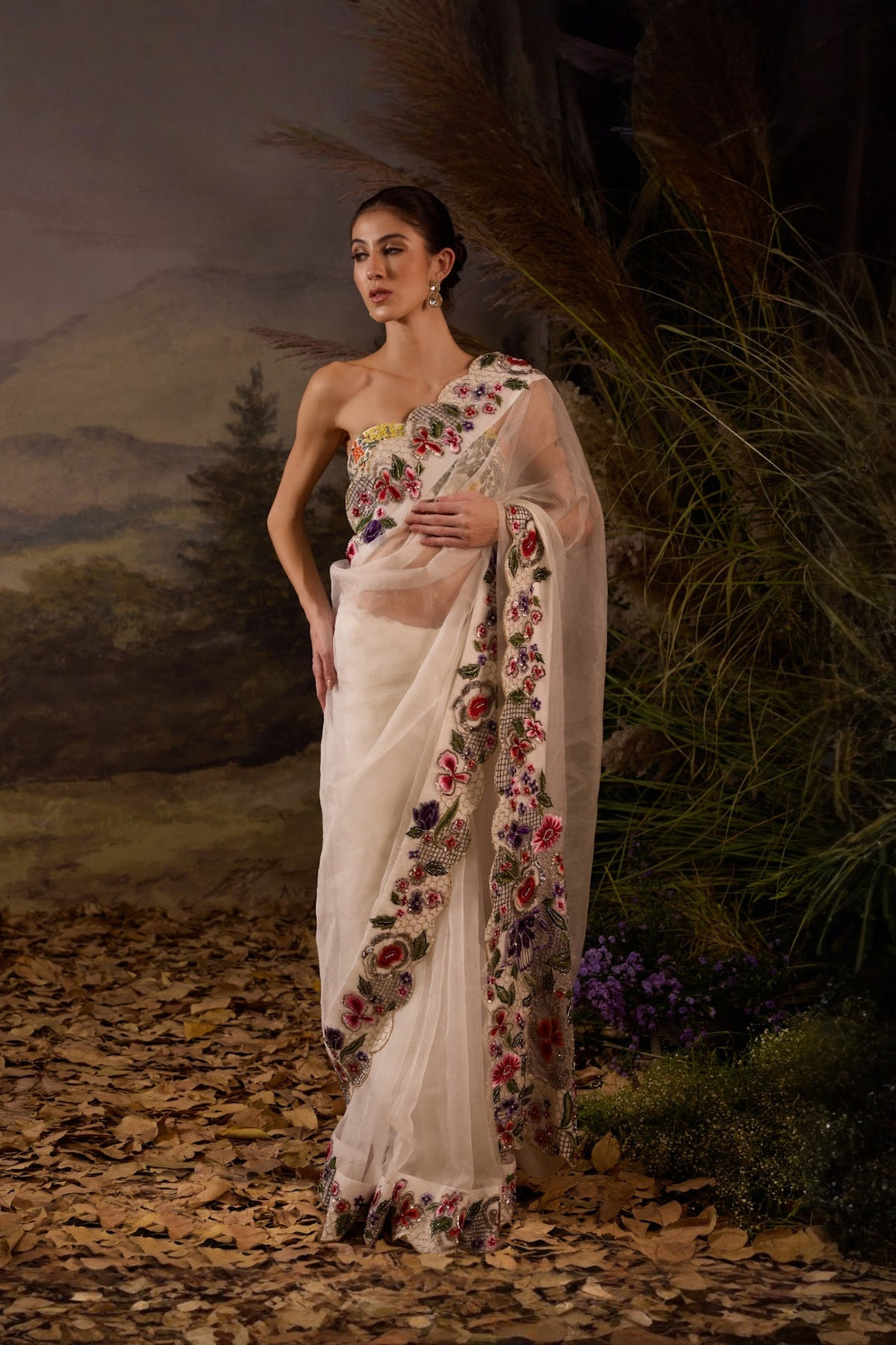 Embroidered Ivory Saree With Beaded Blouse