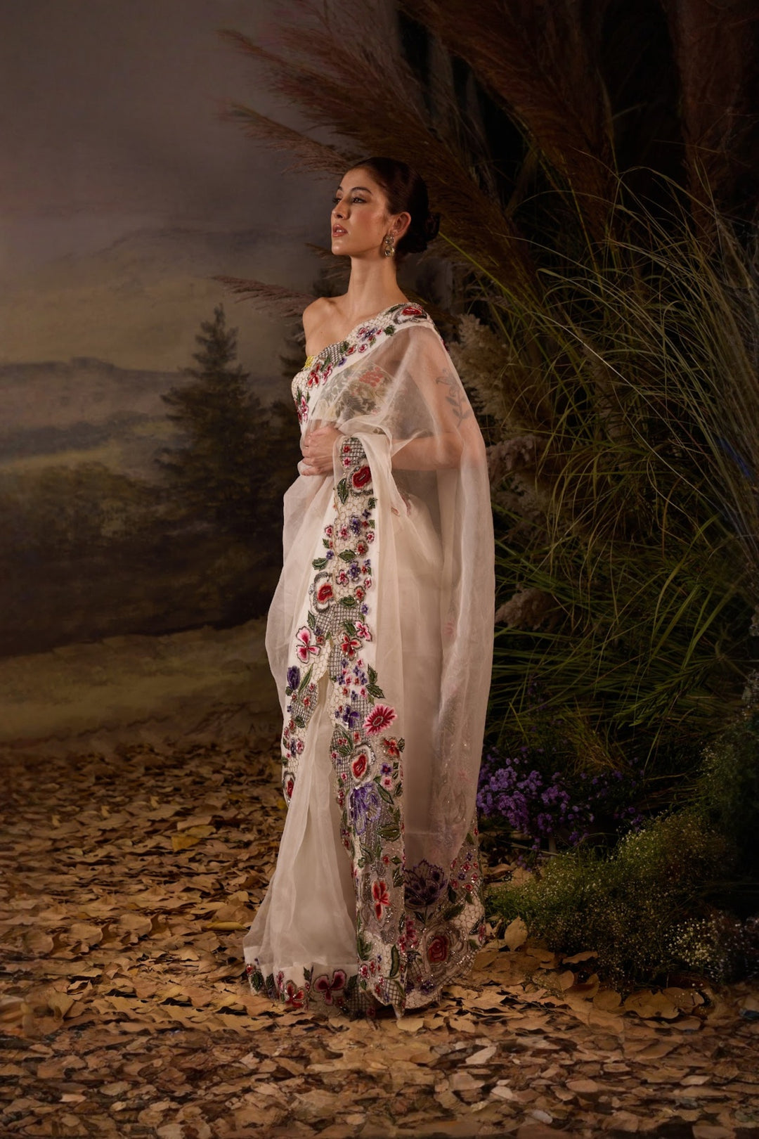 Embroidered Ivory Saree with Beaded Strapless Blouse set