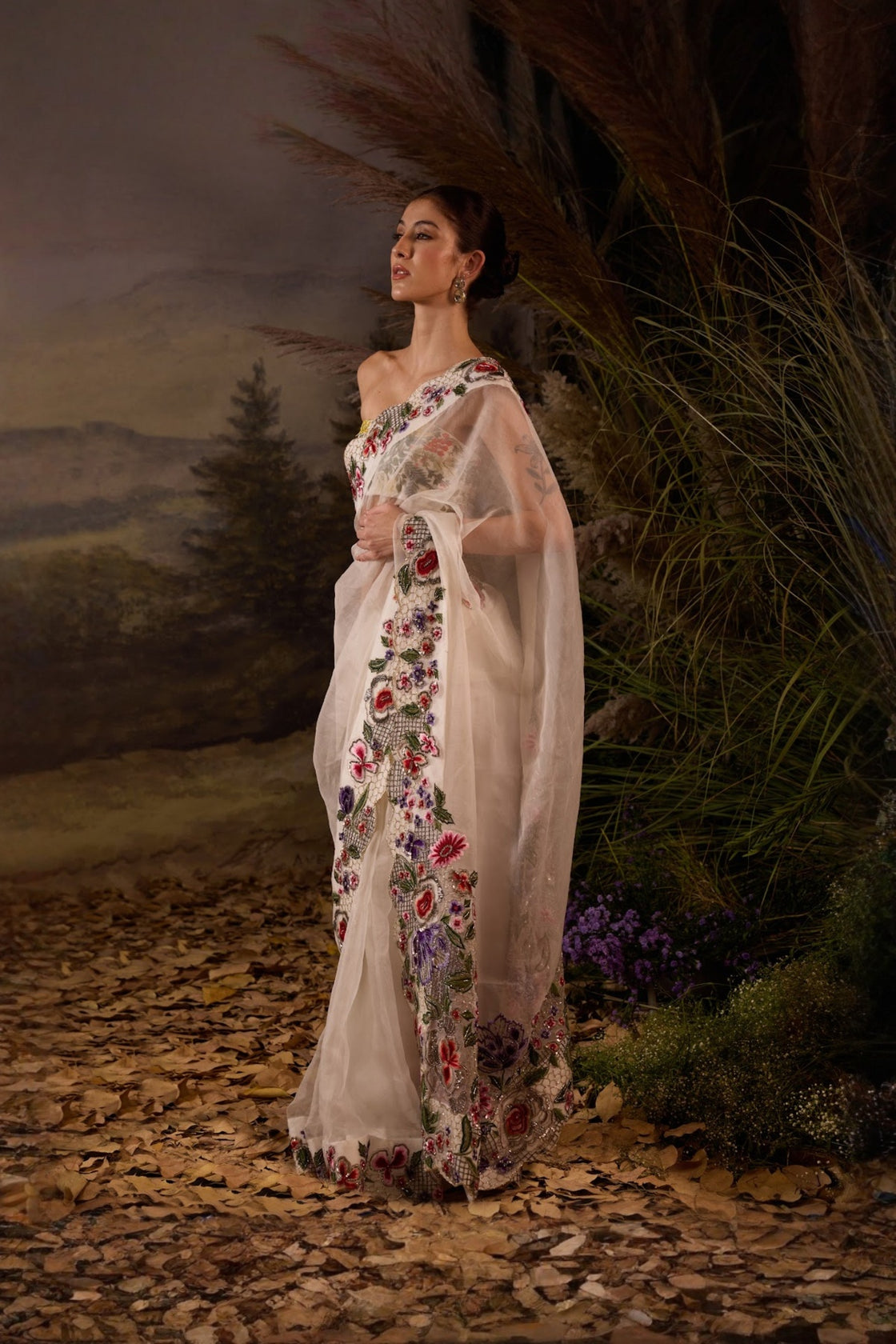 Embroidered Ivory Saree With Beaded Blouse