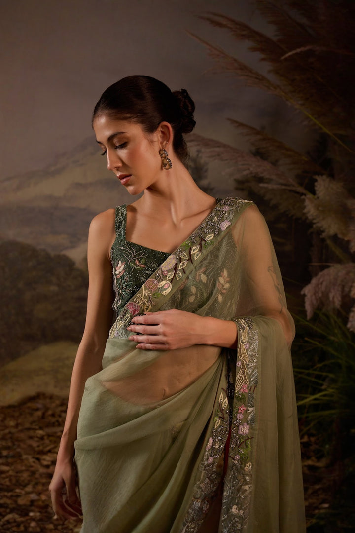 Sage Green Floral Embroidered Organza Saree with embroidered blouse Set