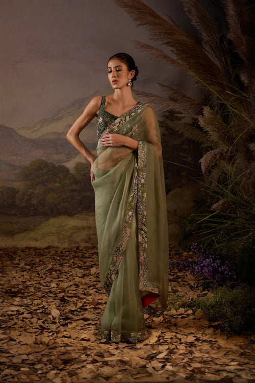 Olive Green Embroidered Saree With Blouse