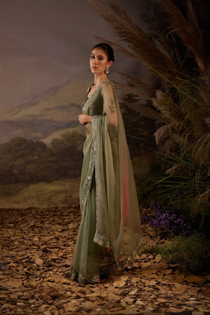 Sage Green Floral Embroidered Organza Saree with embroidered blouse Set