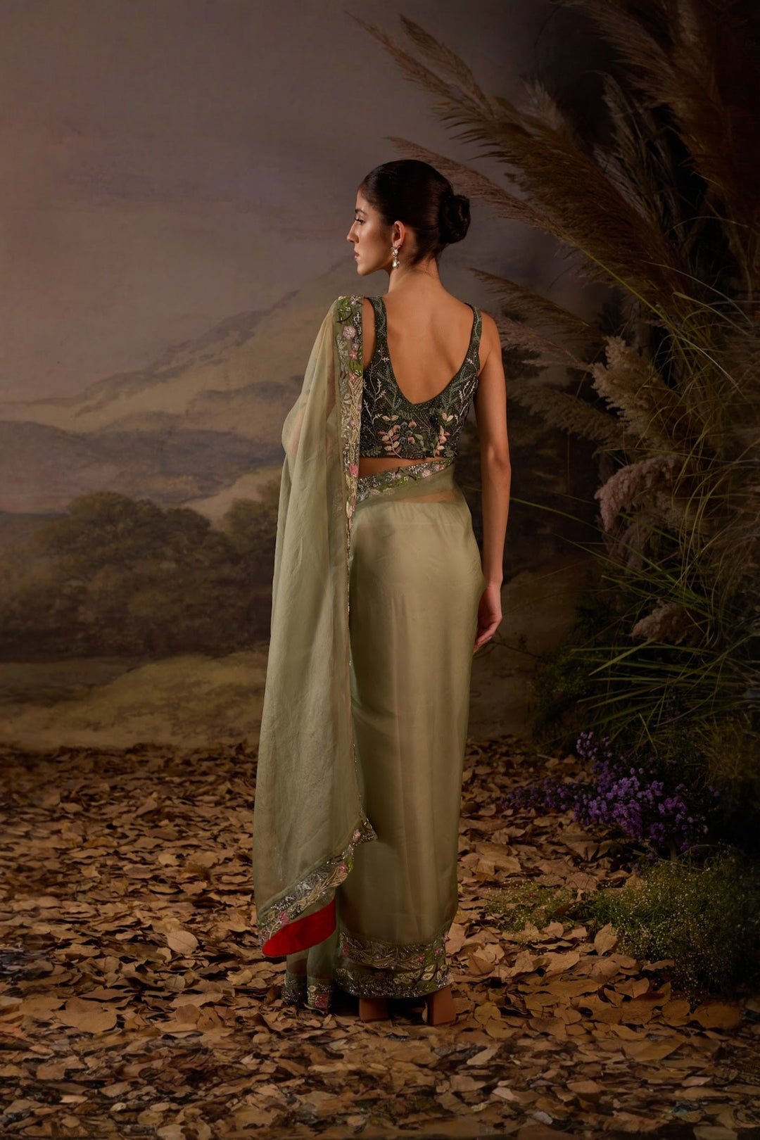 Sage Green Floral Embroidered Organza Saree with embroidered blouse Set