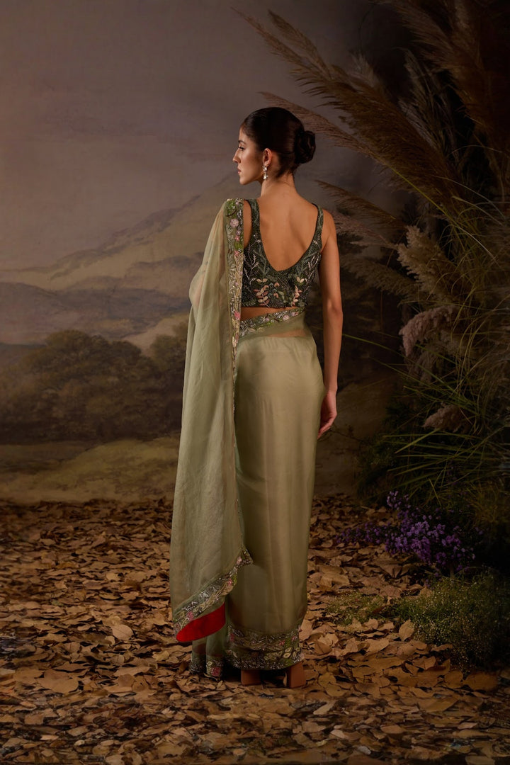 Sage Green Floral Embroidered Organza Saree with embroidered blouse Set