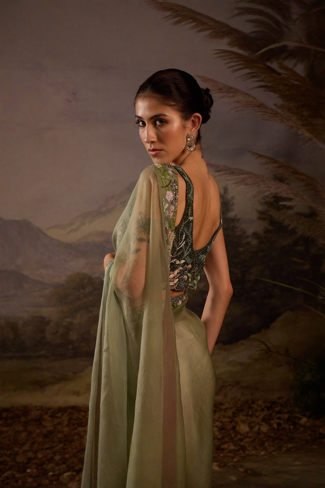 Sage Green Floral Embroidered Organza Saree with embroidered blouse Set
