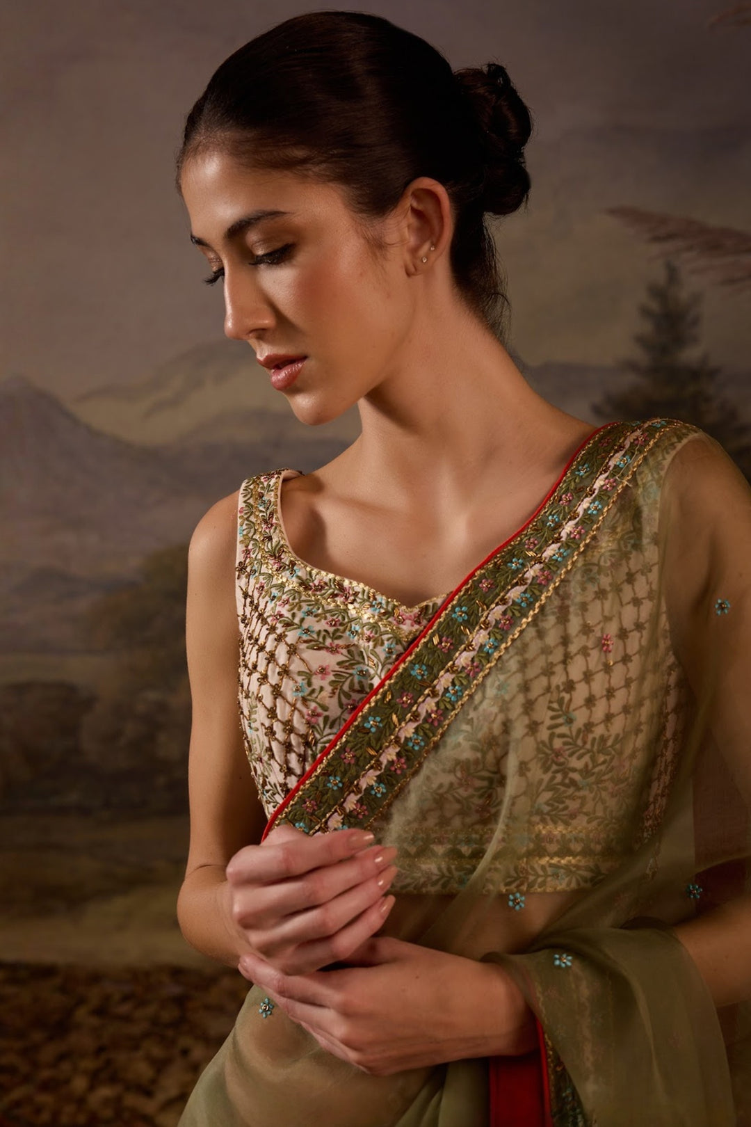 Olive Green Floral Embroidered Organza Saree with bouse Set
