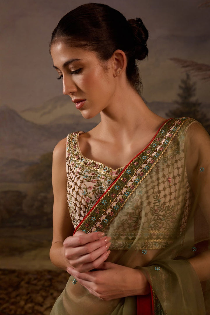 Olive Green Floral Embroidered Organza Saree with bouse Set
