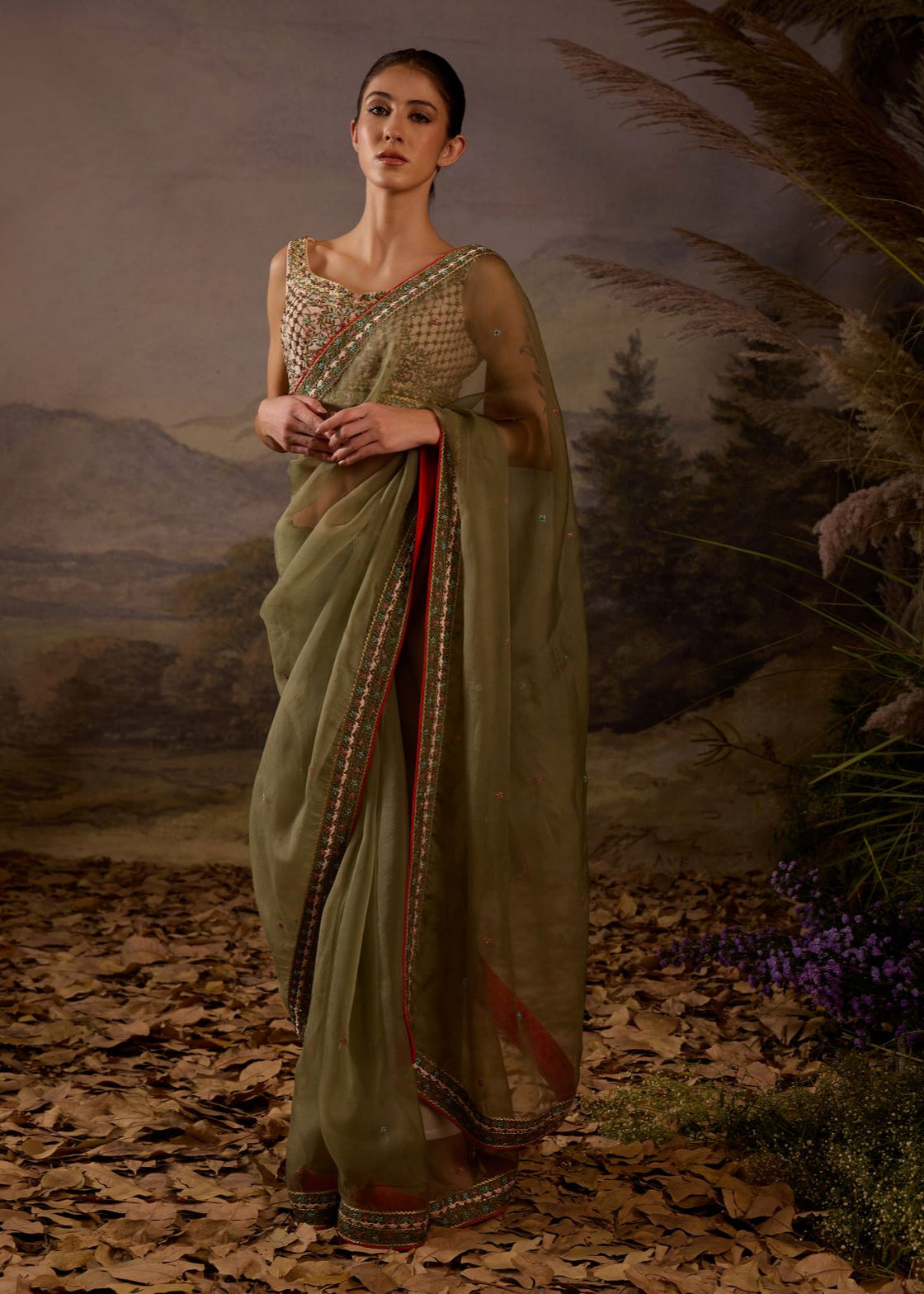 Olive Green Embroidered Organza Saree