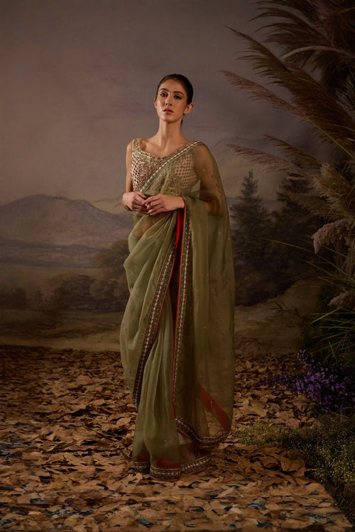 Olive Green Embroidered Organza Saree