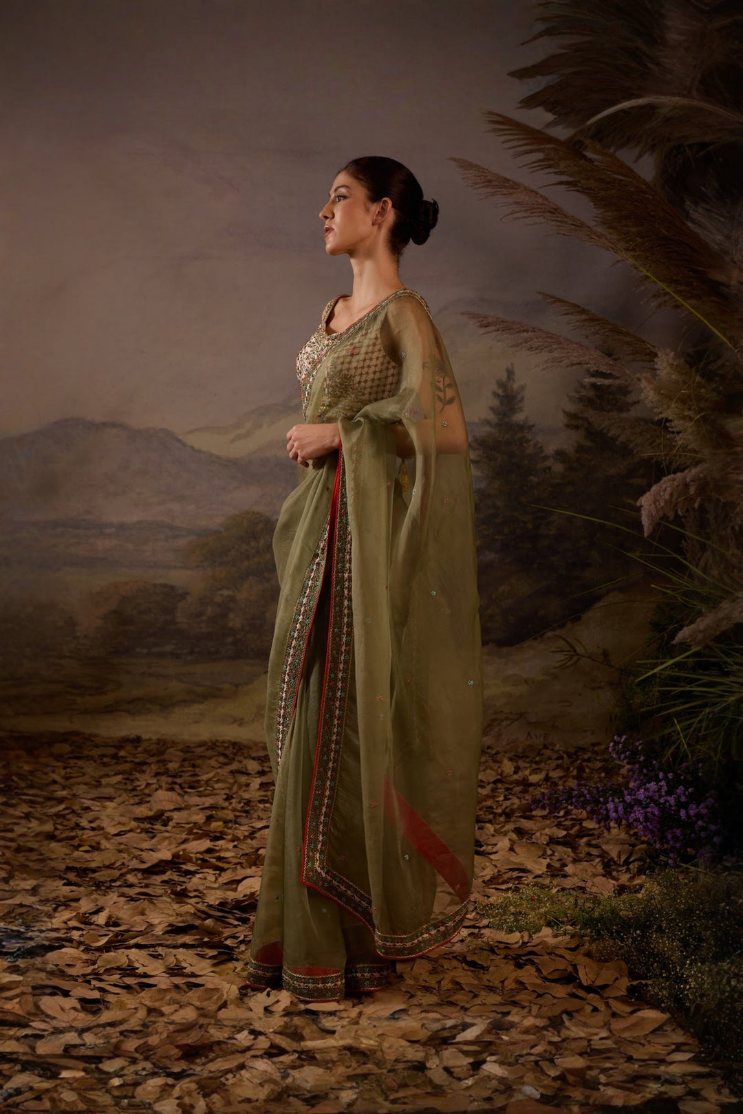 Olive Green Floral Embroidered Organza Saree with bouse Set