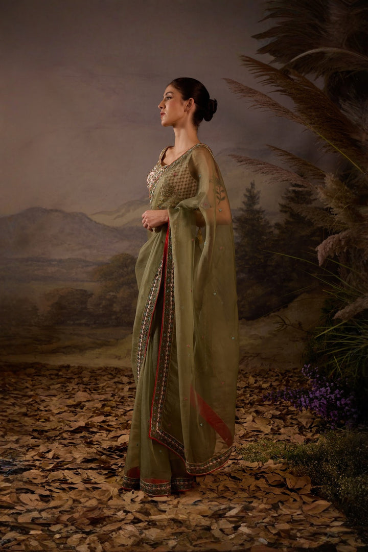 Olive Green Floral Embroidered Organza Saree with bouse Set