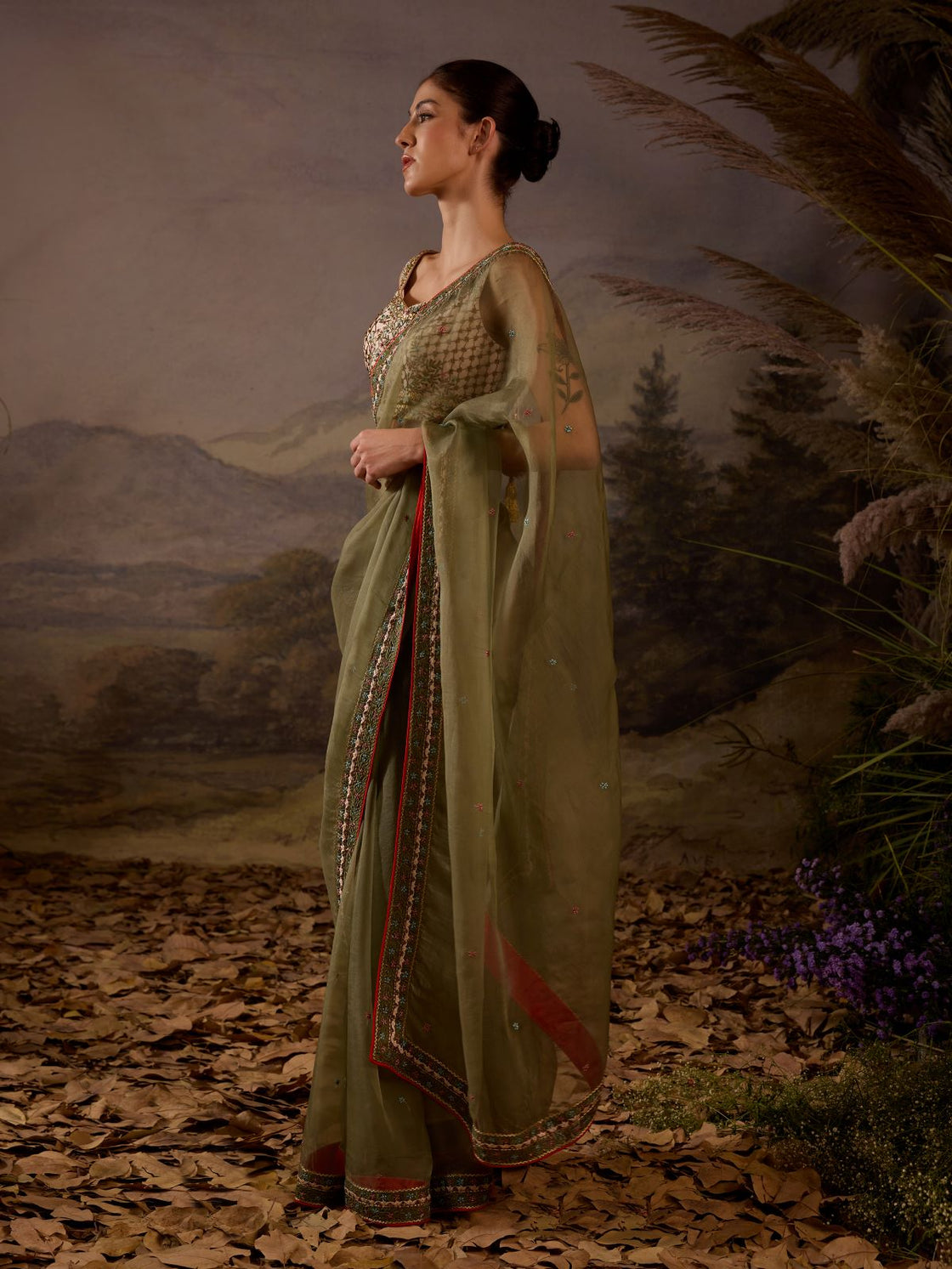 Olive Green Embroidered Organza Saree