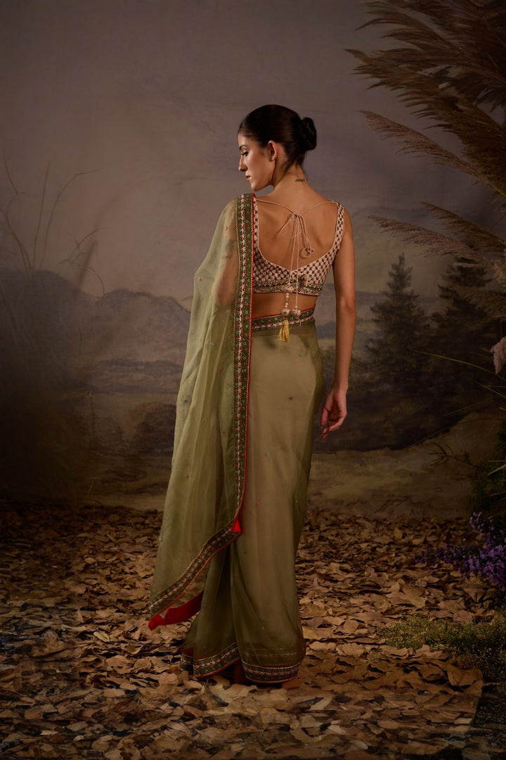 Olive Green Floral Embroidered Organza Saree with bouse Set