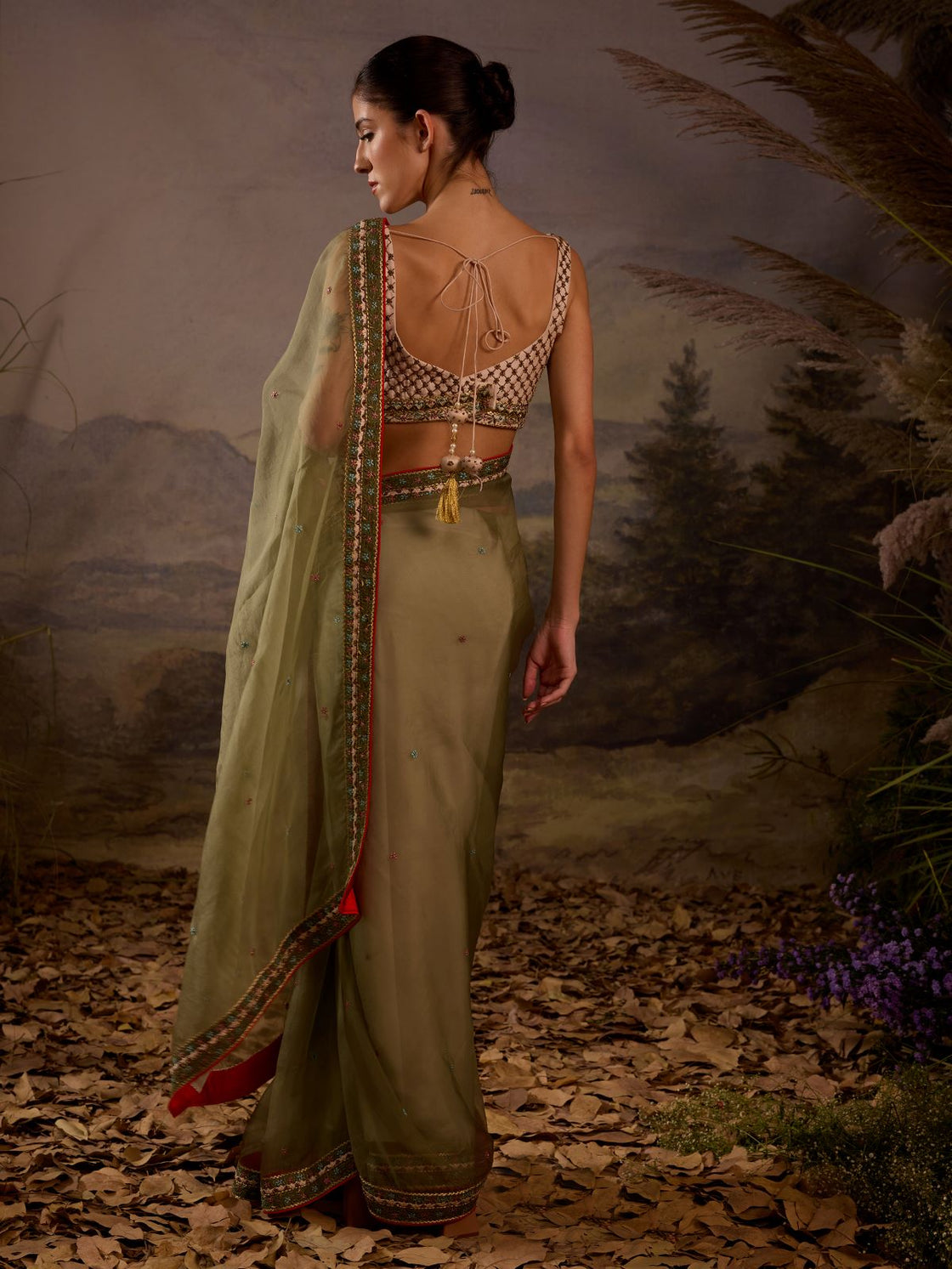 Olive Green Embroidered Organza Saree