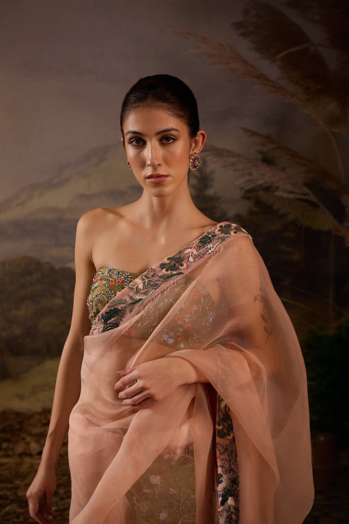 Blush Pink Floral Embroidered Organza Saree with blouse Set