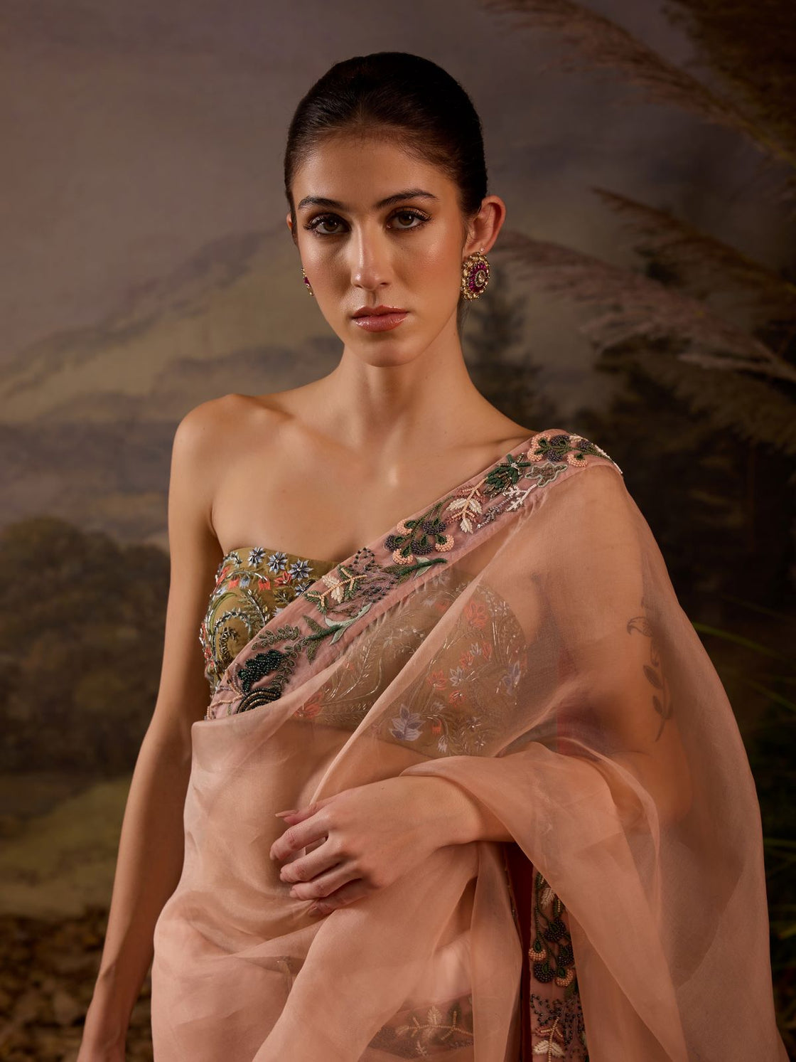 Blush Pink Embroidered Organza Saree