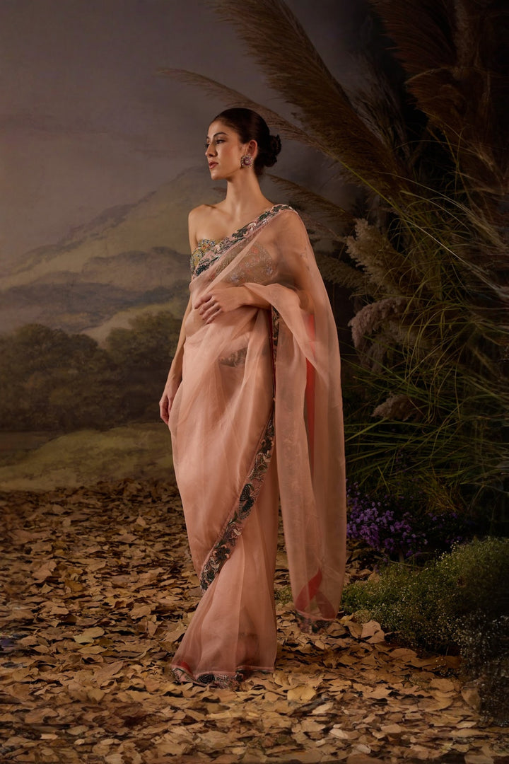 Blush Pink Floral Embroidered Organza Saree with blouse Set