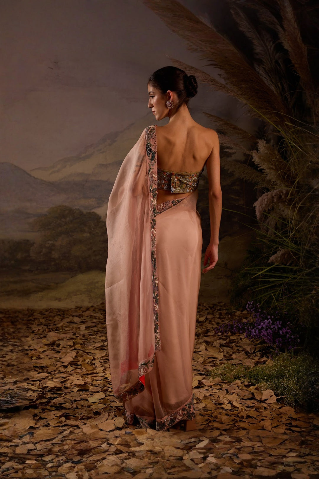 Blush Pink Floral Embroidered Organza Saree with blouse Set