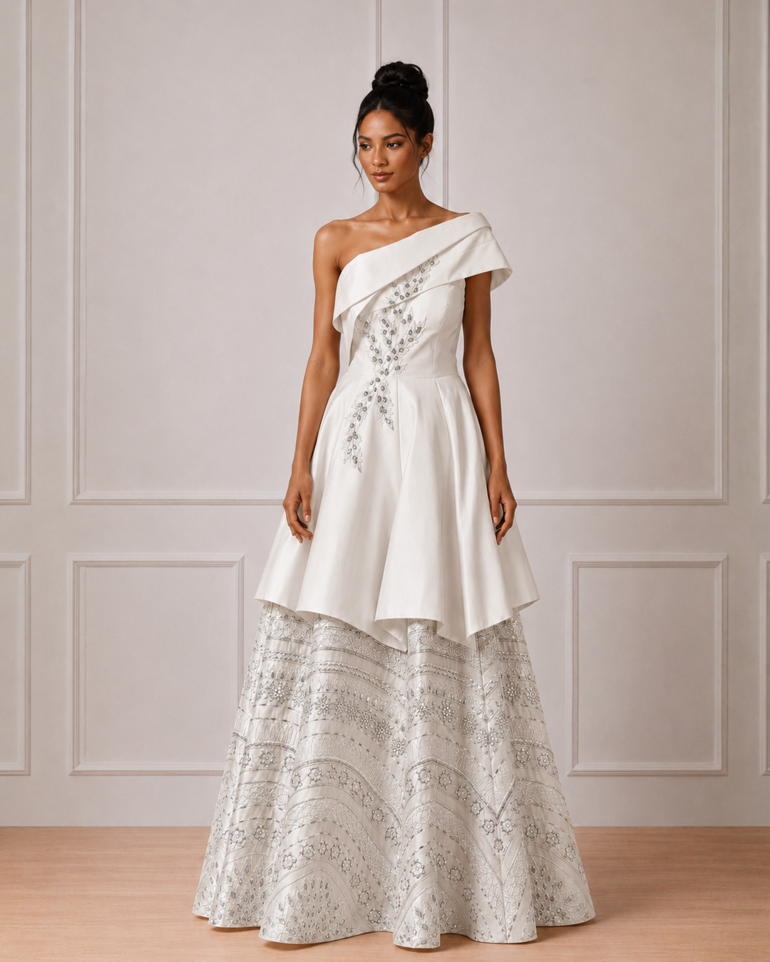 Ivory Knee-Length Peplum Attached Ankle Length Dress