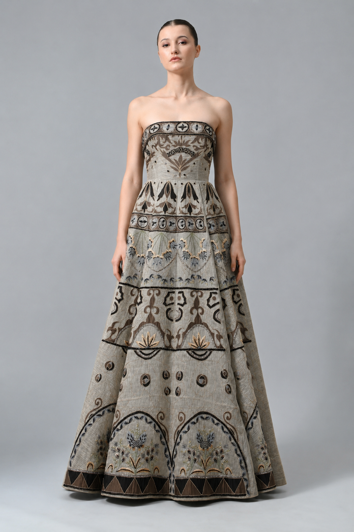 Fit &amp; Flare Bustier Embroidered Gown