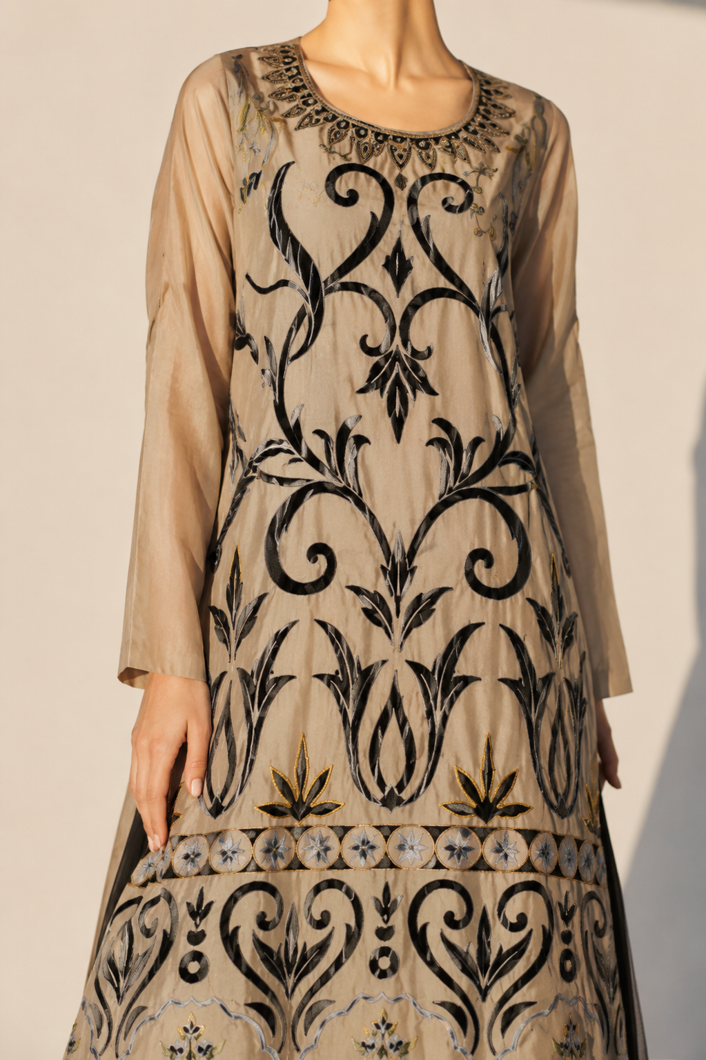 Beige Embroidered Round Neck Kurta Set