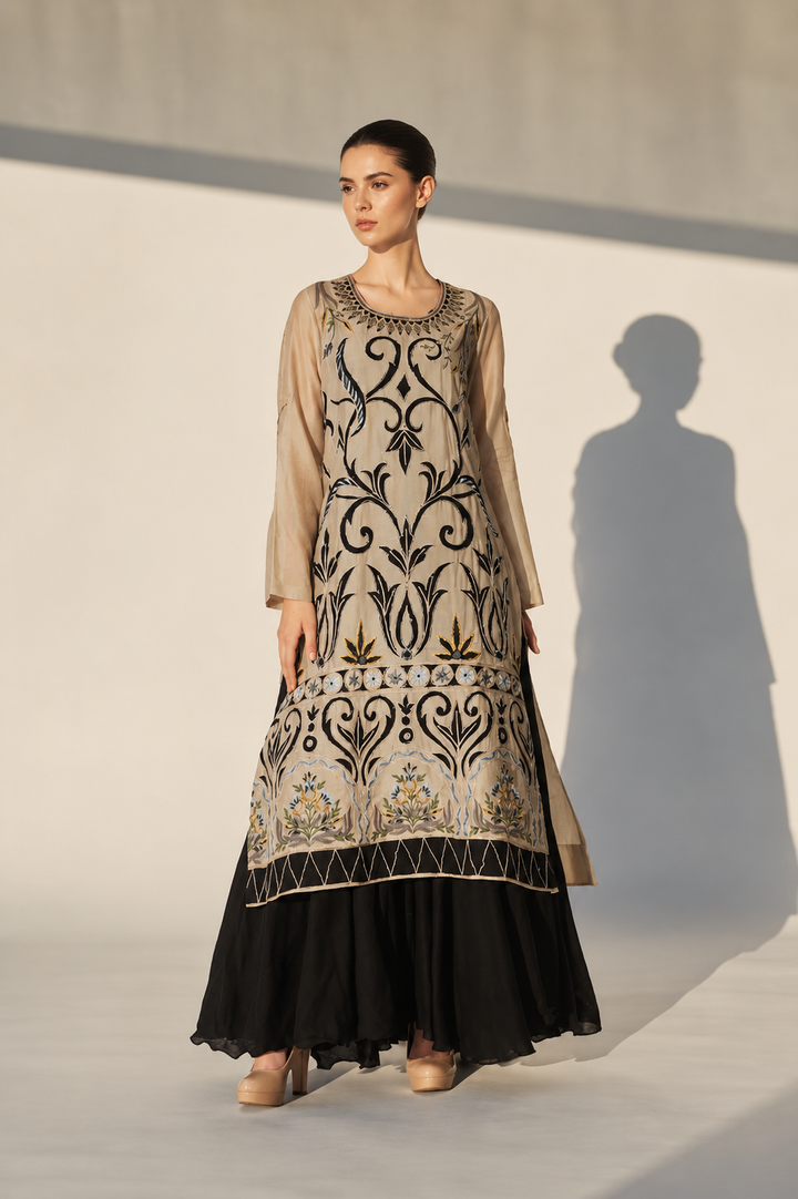 Beige Embroidered Round Neck Kurta Set