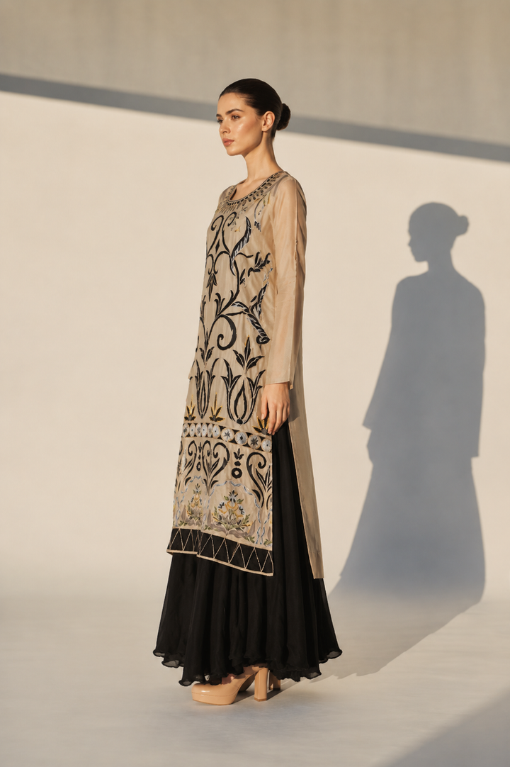 Beige Embroidered Round Neck Kurta Set