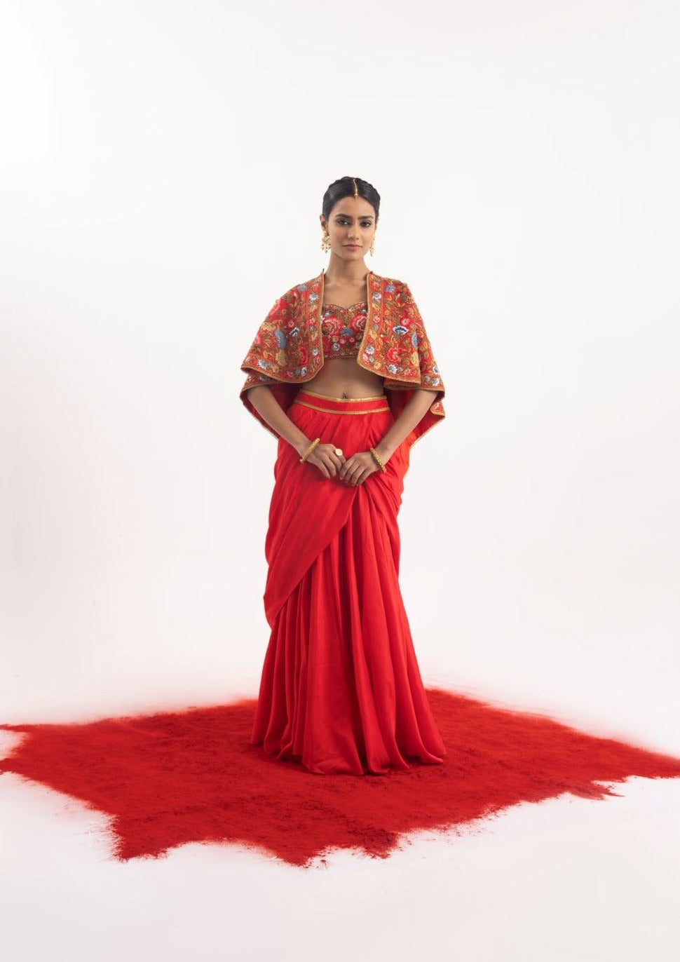 Elegant 3-piece set featuring a red cotton silk draped skirt set