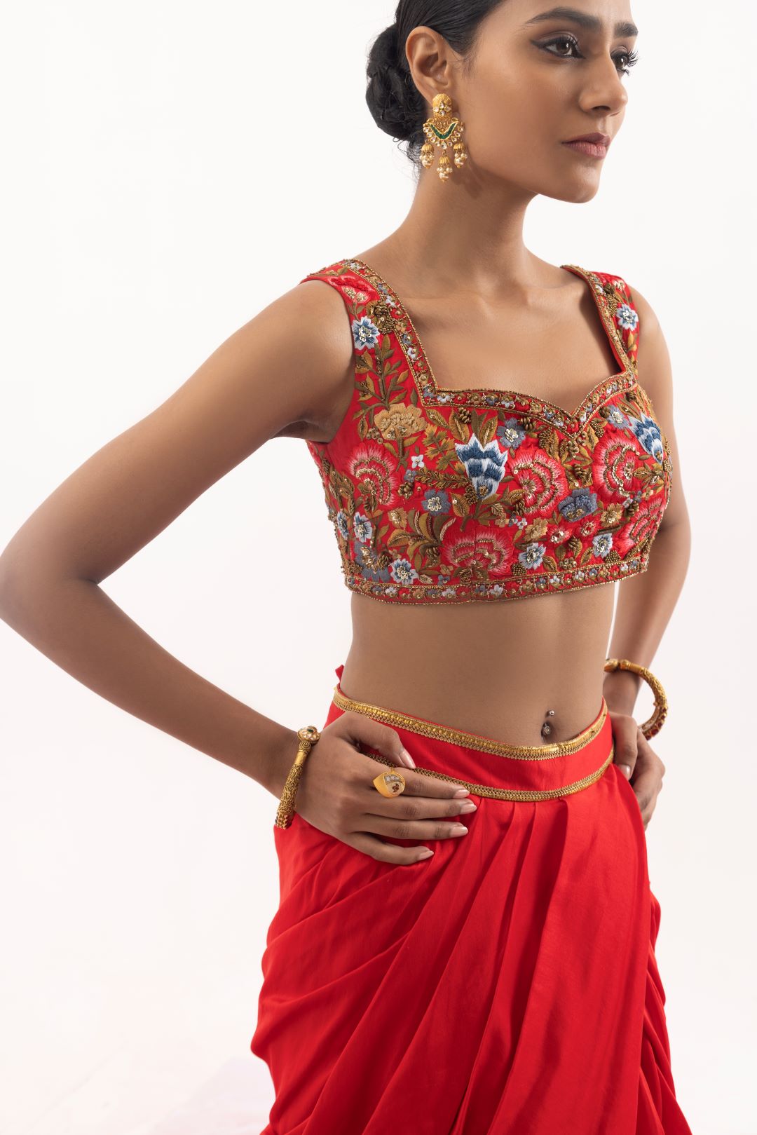 Elegant 2-piece set featuring a red cotton silk draped skirt set