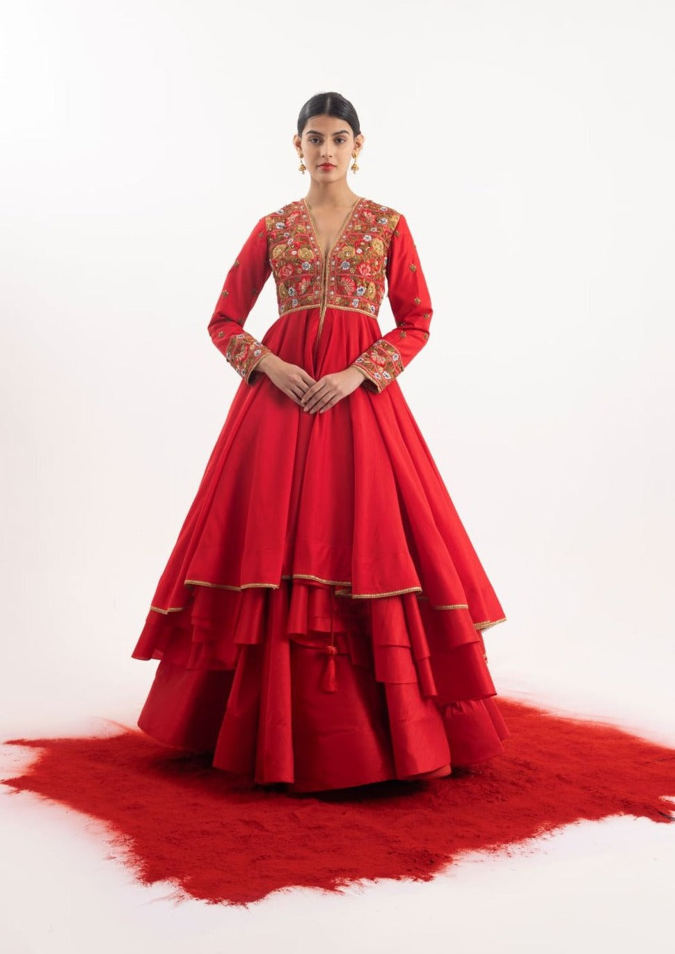 Radiant two-piece ensemble: a red embroidered anarkali