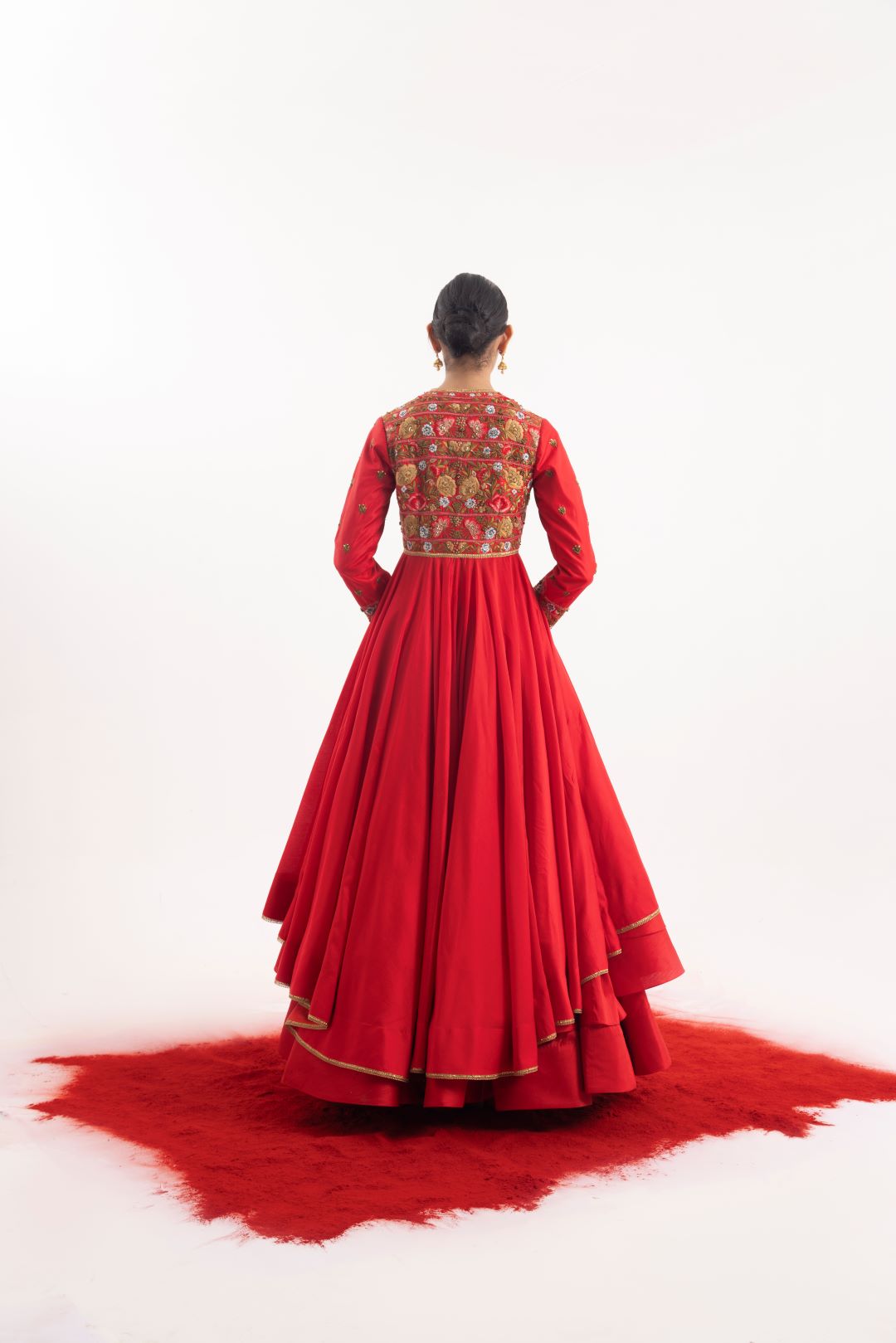 Radiant two-piece ensemble: a red embroidered anarkali
