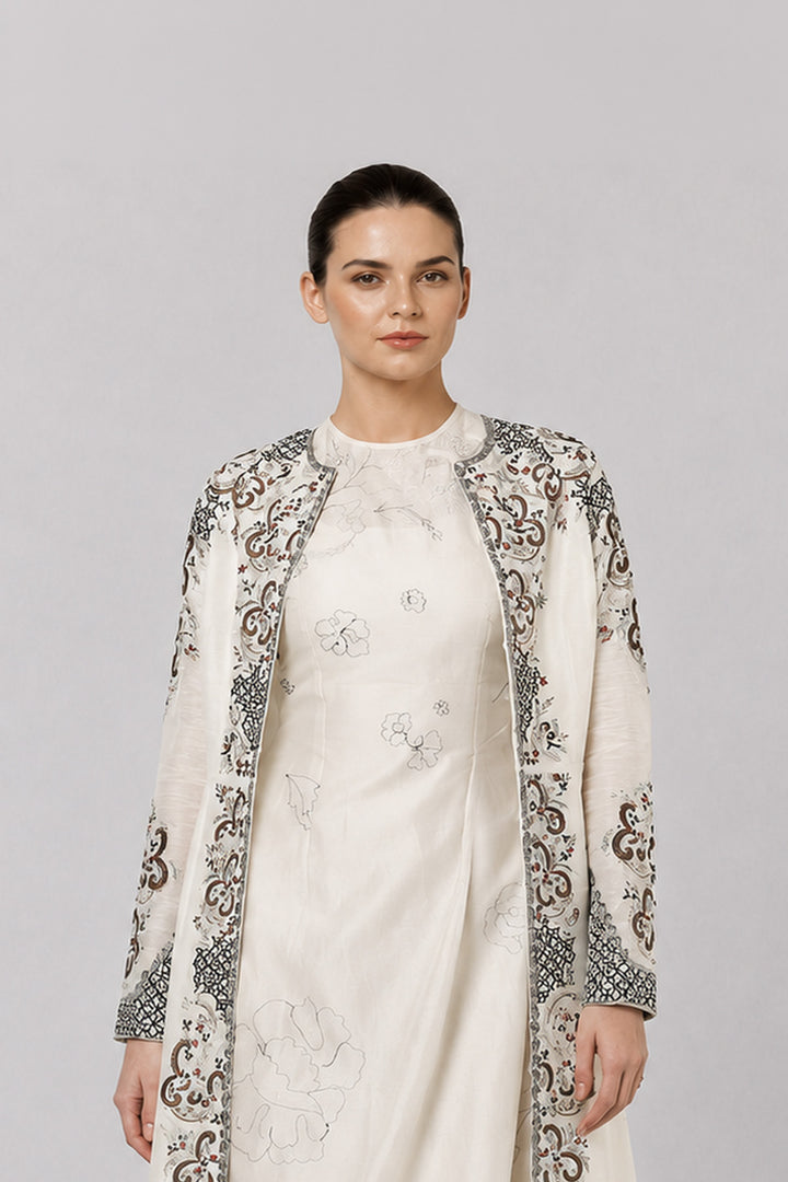 Ivory Embroidered Draped Dress With Longline Jacket And Contemporary Floral Motifs.