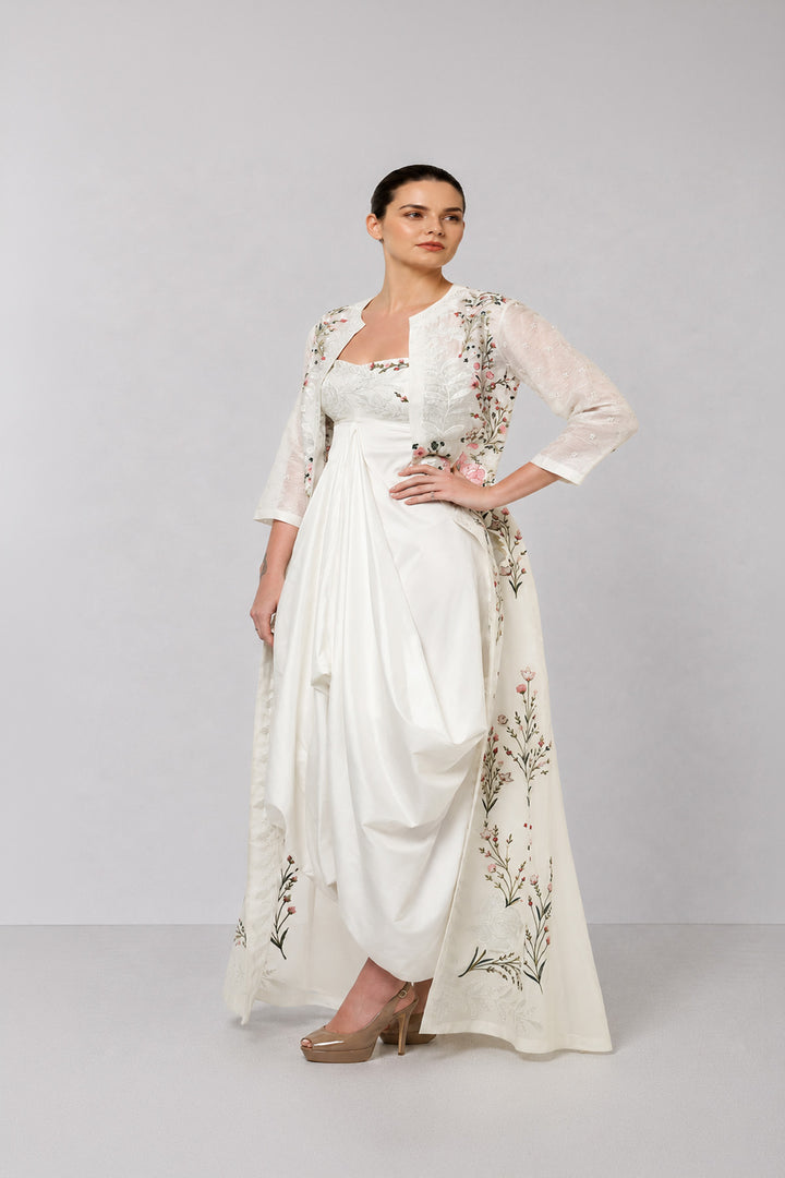 Ivory Embroidered Layered Dress Featuring A Draped Front Panel, Floral Detailing And Elegant Open-Front Overlay.