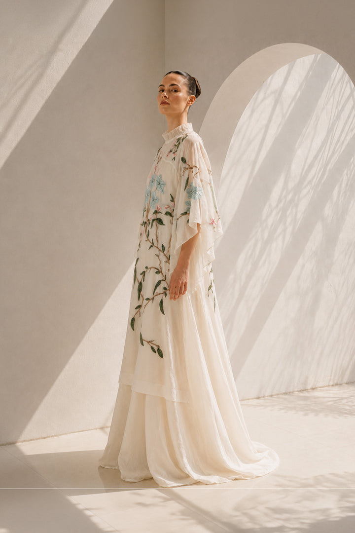 Ivory floral embroidered Cotton Silk kaftan